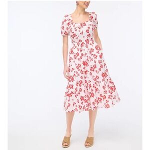 J.Crew factory Red White Floral Puff Sleeve Tiered Cotton Midi Dress Size 8